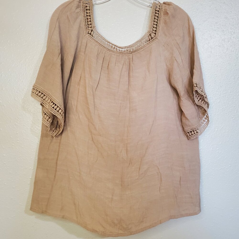 GNW Brown Tan Short Sleeve Crochet Lace Top Women's Large - Picture 3 of 7